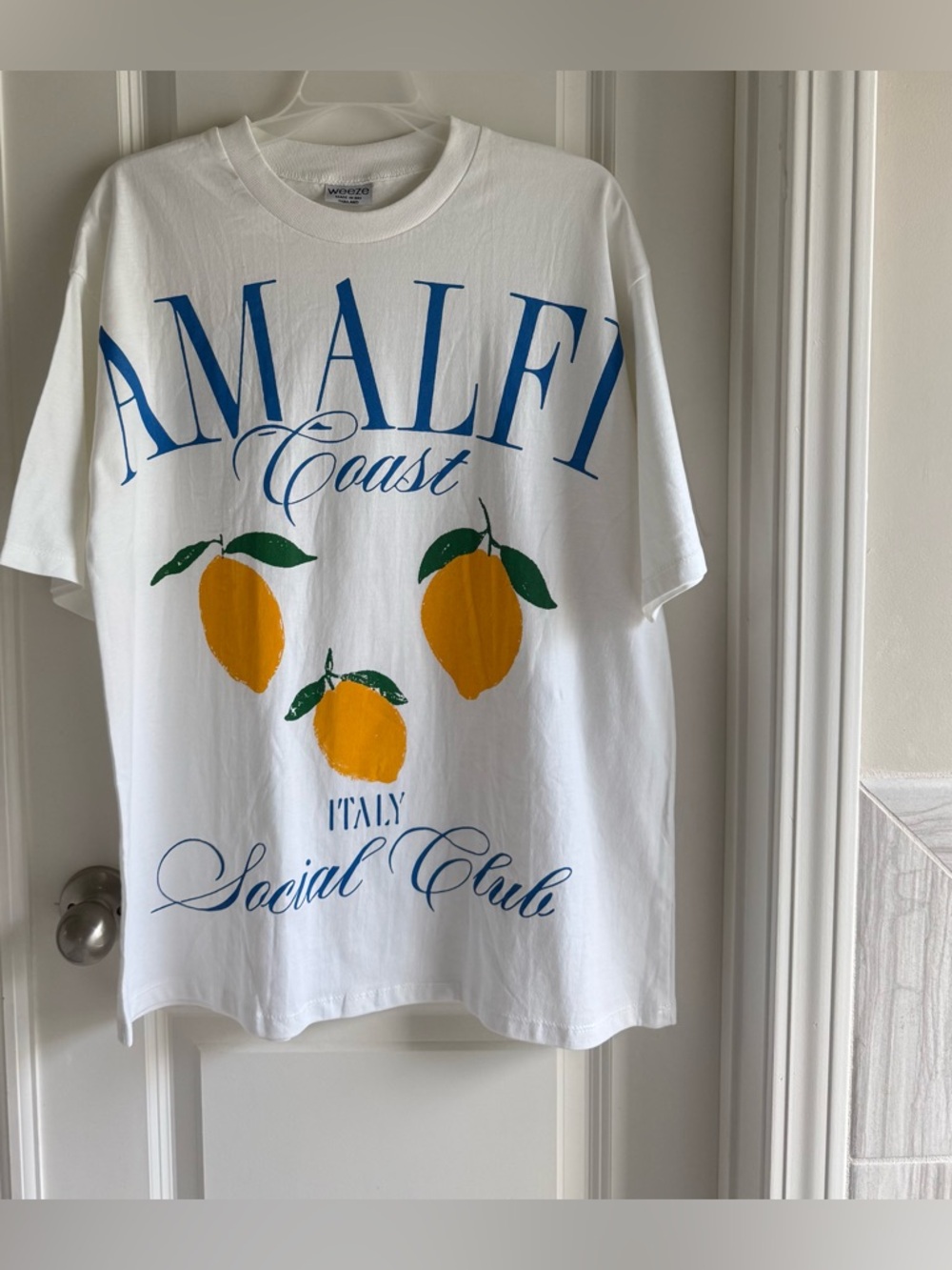 Amalfi White Short Sleeve Tee with Blue Script and Yellow Lemon Graphic